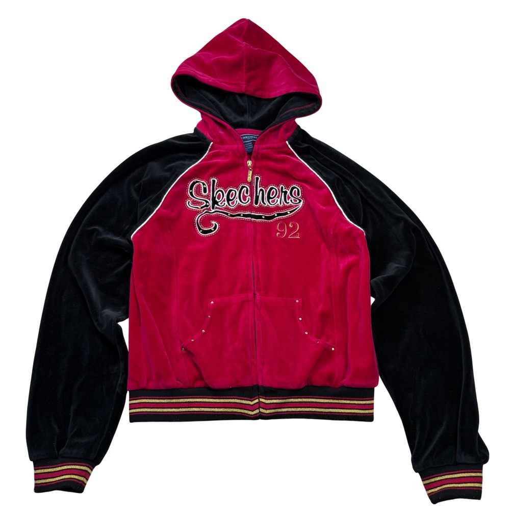 Vintage Y2K Skechers USA Velour Hoodie Embroidered Track Jacket XL Retro Bling